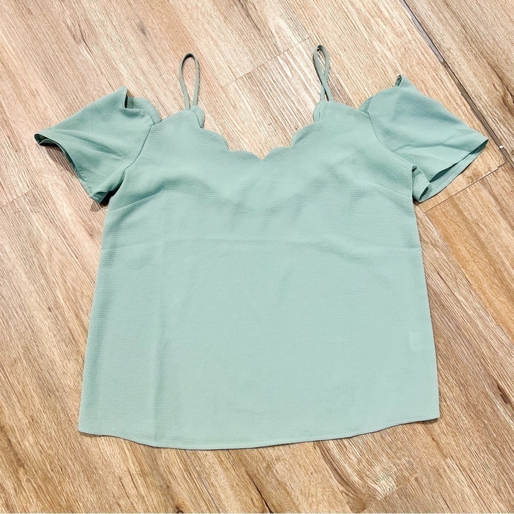 Monteau Teal Scallop Hem Cold Shoulder Top